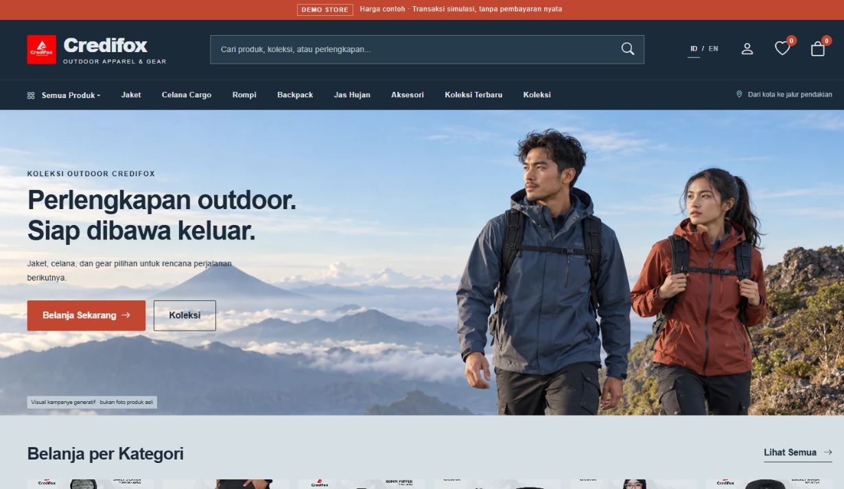 Preview website Credifox versi 1 dengan header navy dan hero outdoor yang luas