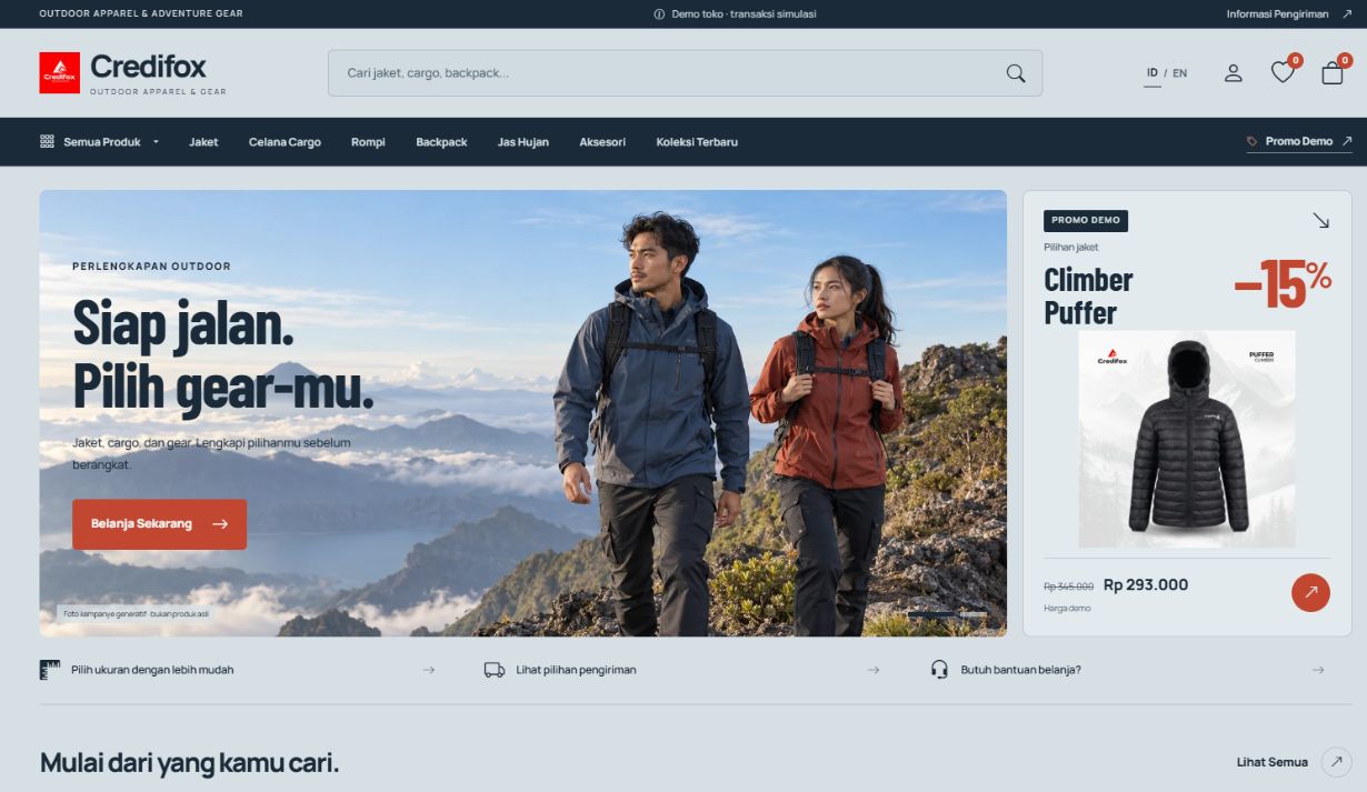 Preview website Credifox versi 2 dengan tata letak modern, kampanye utama, dan penawaran produk